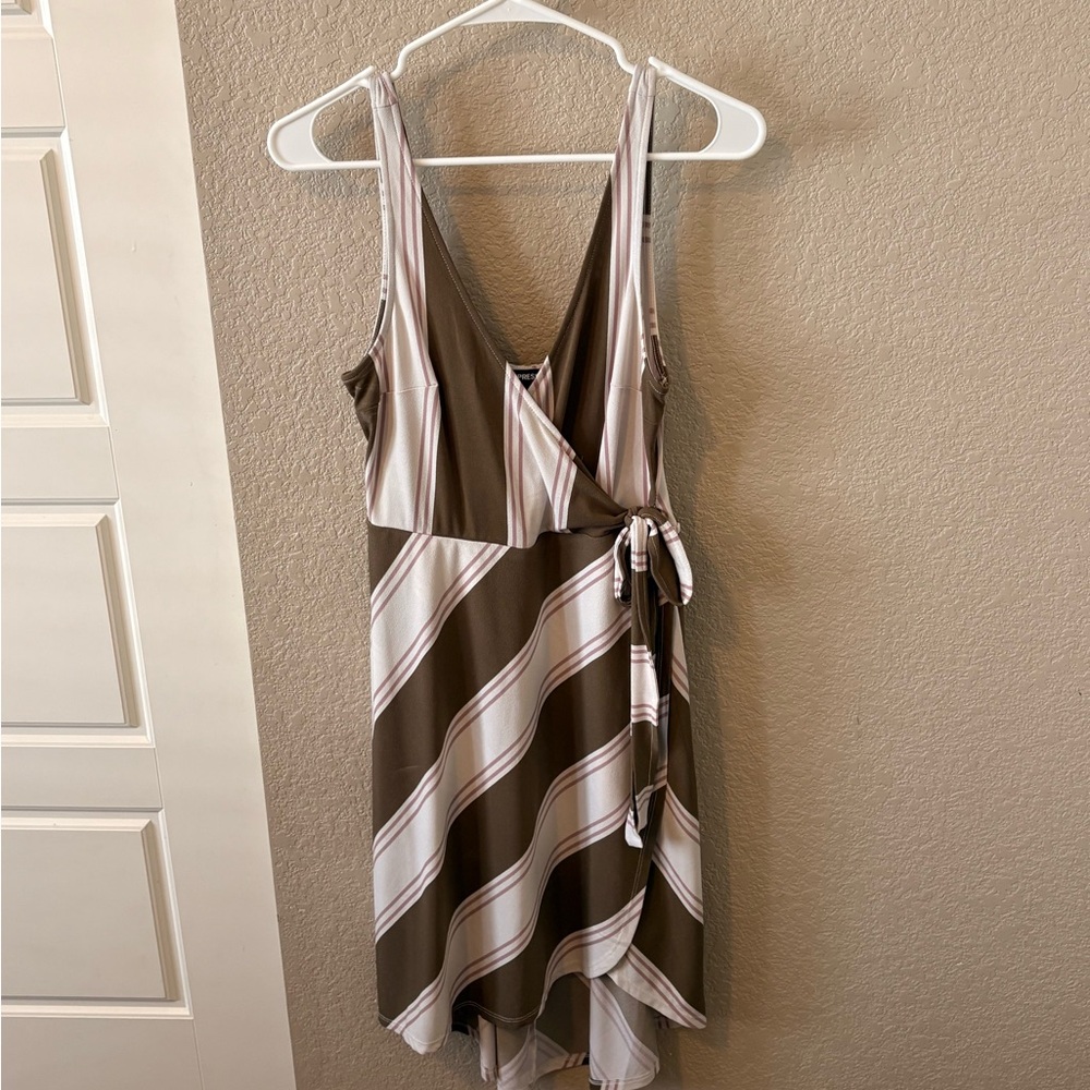 Express Asymmetrical Dress in Brown and White Stripes